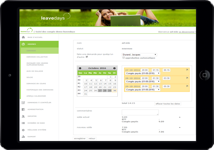 Demande de congés sur logiciel Leavedays